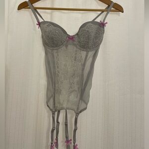 Victoria's Secret White and Pink Corset Top with pink bows, lace and clips